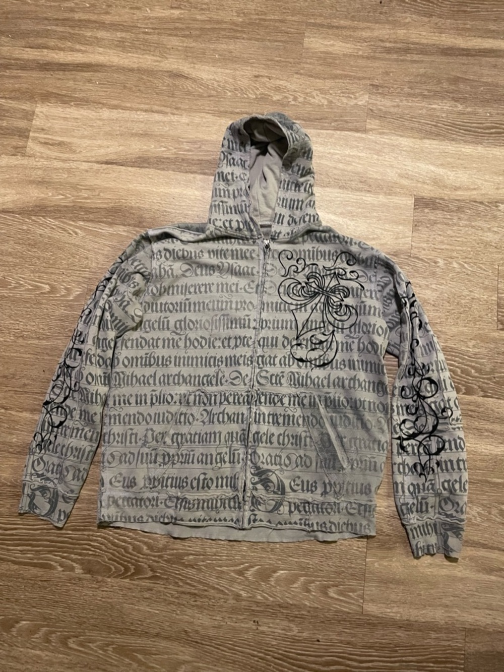 Affliction Gray Script Zip-Up Hoodie with Black Graphic